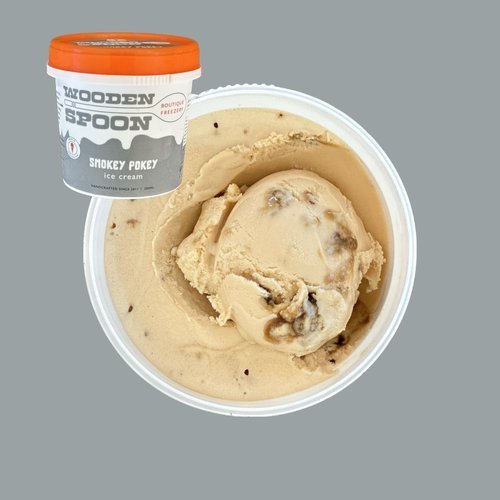 A tub of Smokey Pokey ice cream with chocolate-covered hokey pokey